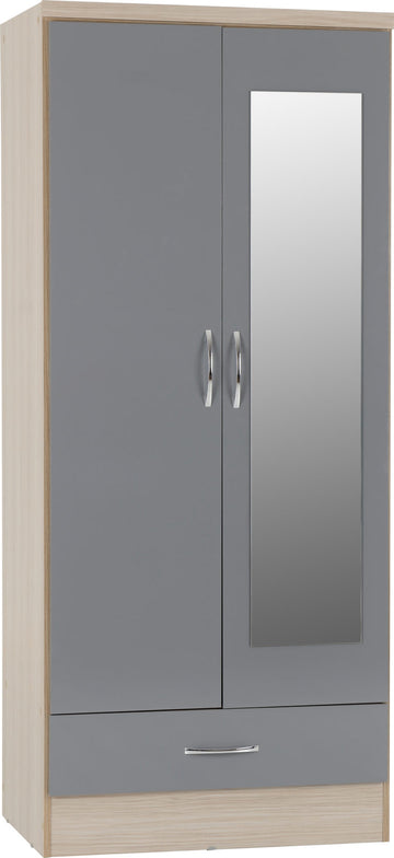 Nevada Mirrored 2 Door 1 Drawer Wardrobe Grey Gloss/Light Oak Effect Veneer-The Right Buy Store