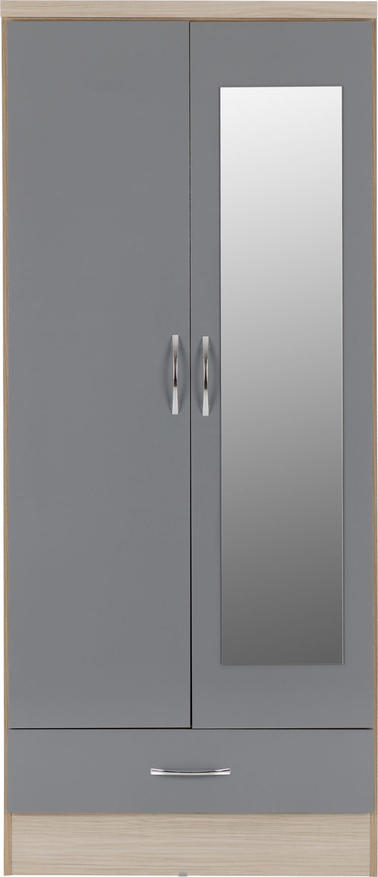 Nevada Mirrored 2 Door 1 Drawer Wardrobe Grey Gloss/Light Oak Effect Veneer-The Right Buy Store
