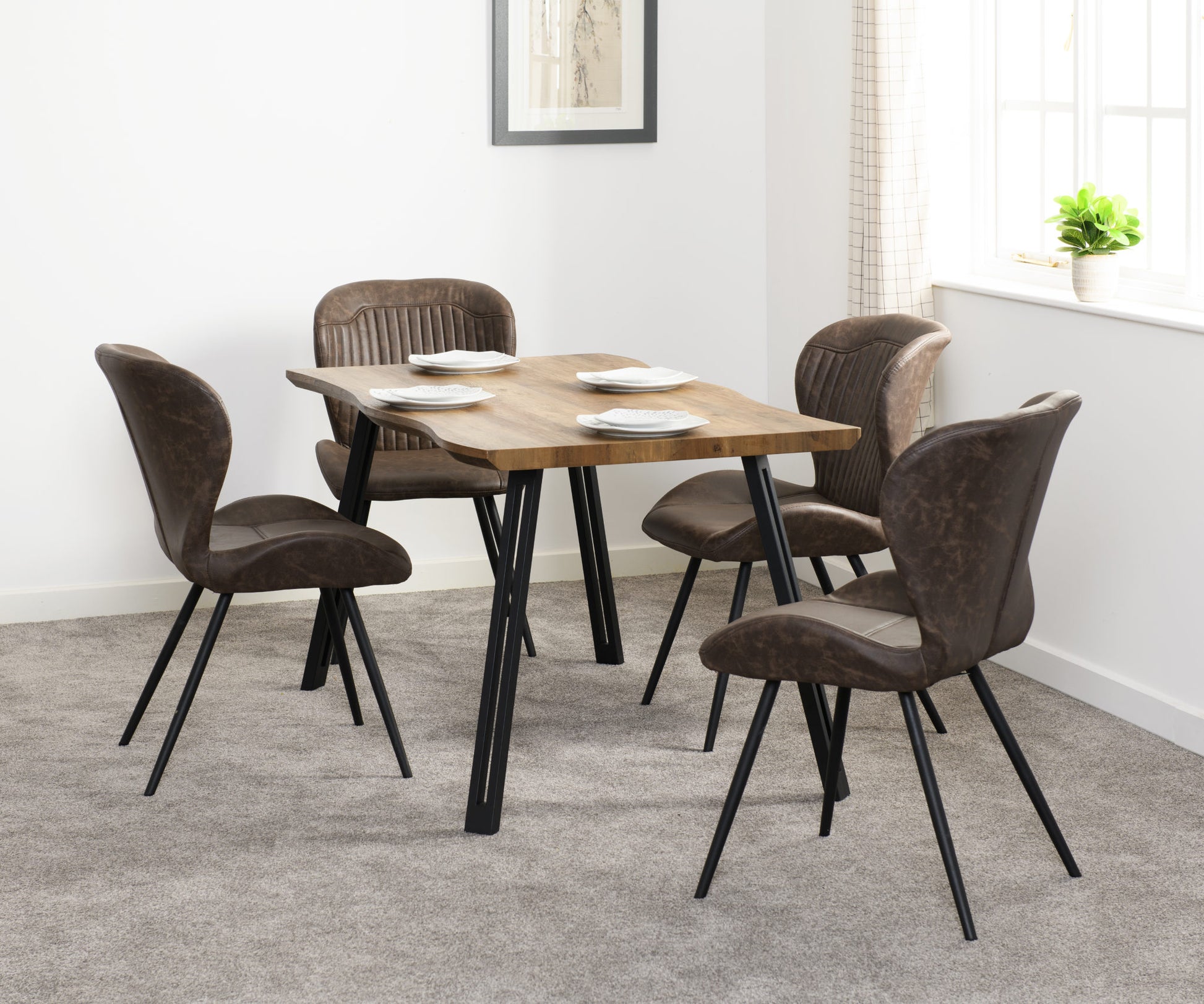 Quebec Wave Edge Dining Set - Medium Oak Effect/Black/Brown Faux Leather