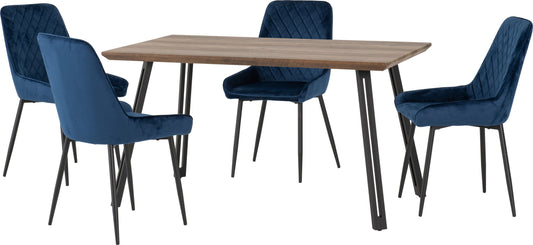Quebec Straight Edge Dining Set with Avery Chairs Medium Oak Effect/Black/Sapphire Blue Velvet