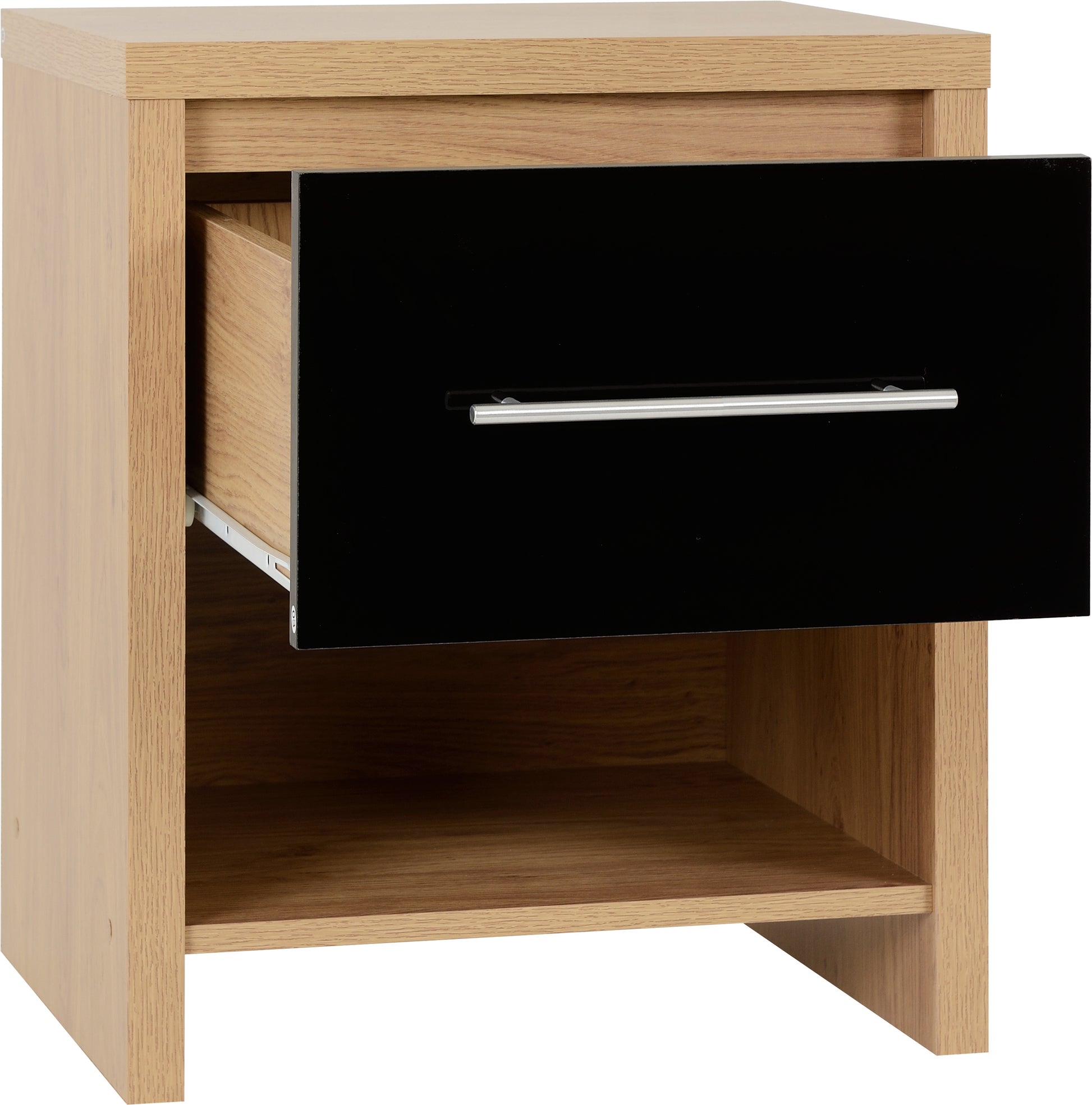 Seville 1 Drawer Bedside Cabinet - Black High Gloss/Light Oak Effect Veneer