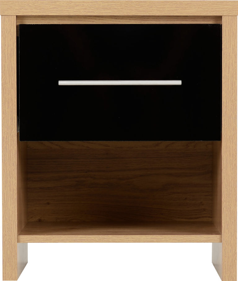 Seville Bedside Locker - Black High Gloss/Light Oak Effect Veneer