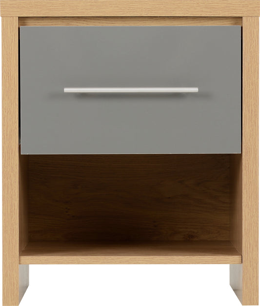 Seville 1 Drawer Bedside Cabinet - Grey High Gloss/Light Oak Effect Veneer