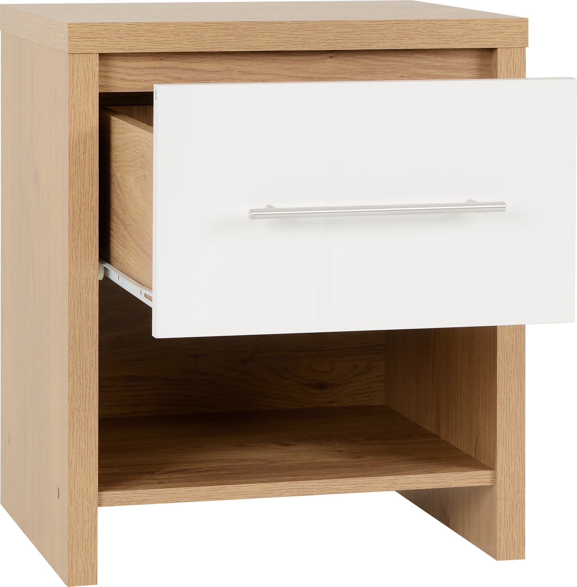 Seville 1 Drawer Bedside Cabinet - White High Gloss/Light Oak Effect Veneer