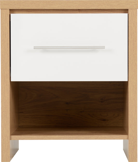 Seville 1 Drawer Bedside Cabinet - White High Gloss/Light Oak Effect Veneer