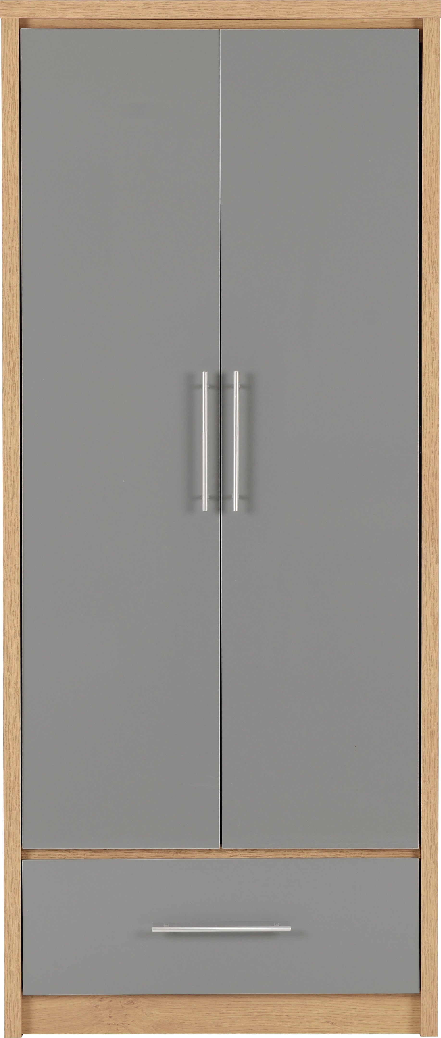 Seville 2 Door 1 Drawer Wardrobe - Grey High Gloss/Light Oak Effect Veneer