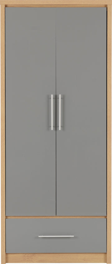 Seville 2 Door 1 Drawer Wardrobe - Grey High Gloss/Light Oak Effect Veneer
