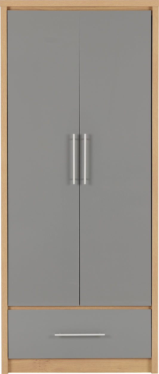 Seville 2 Door 1 Drawer Wardrobe - Grey High Gloss/Light Oak Effect Veneer