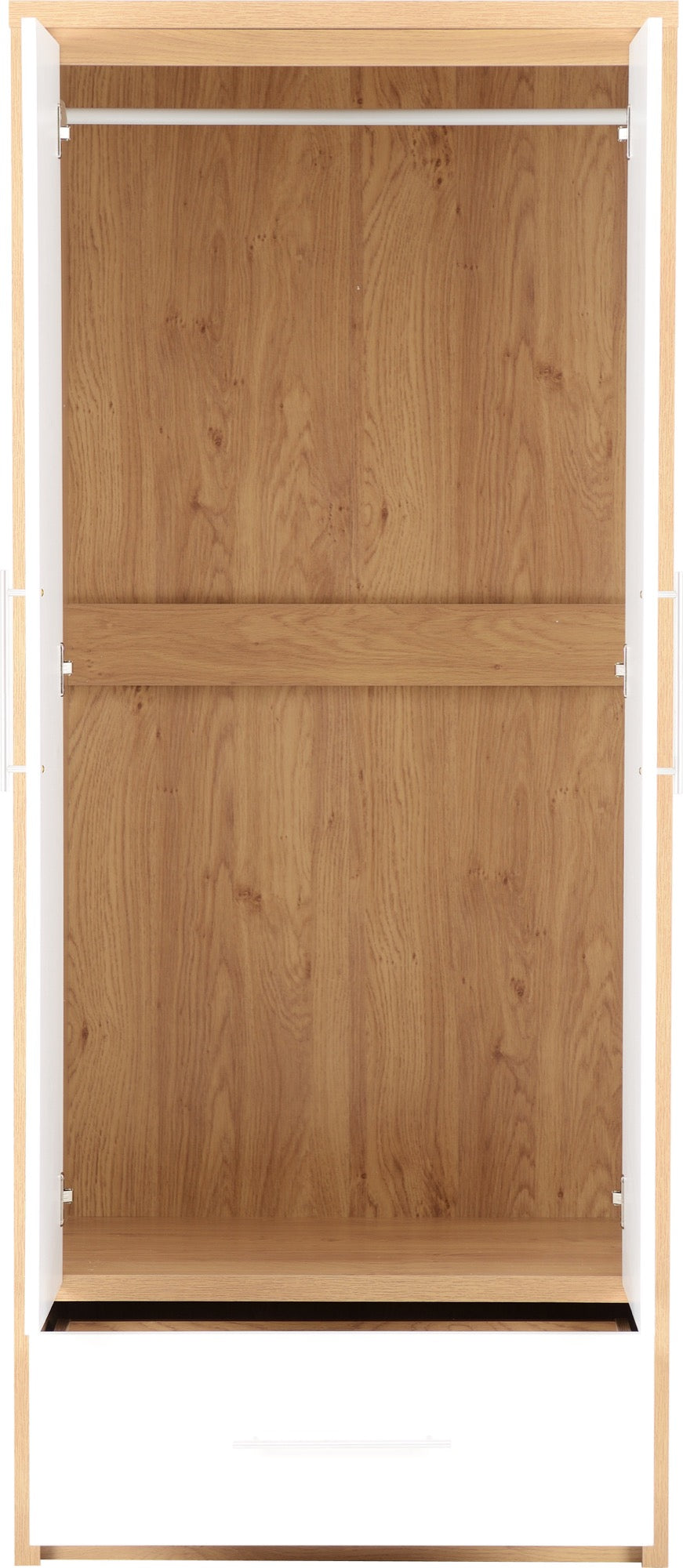 Seville 2 Door 1 Drawer Wardrobe - White High Gloss/Light Oak Effect Veneer