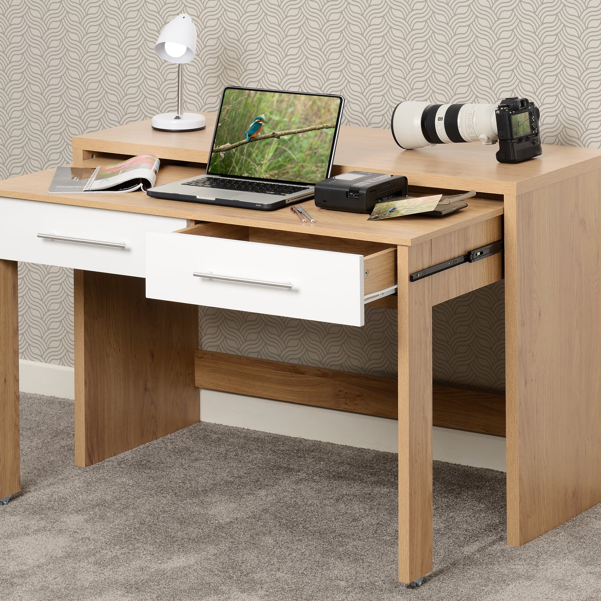 Seville 2 Drawer Slider Desk - White High Gloss/Light Oak Effect Veneer
