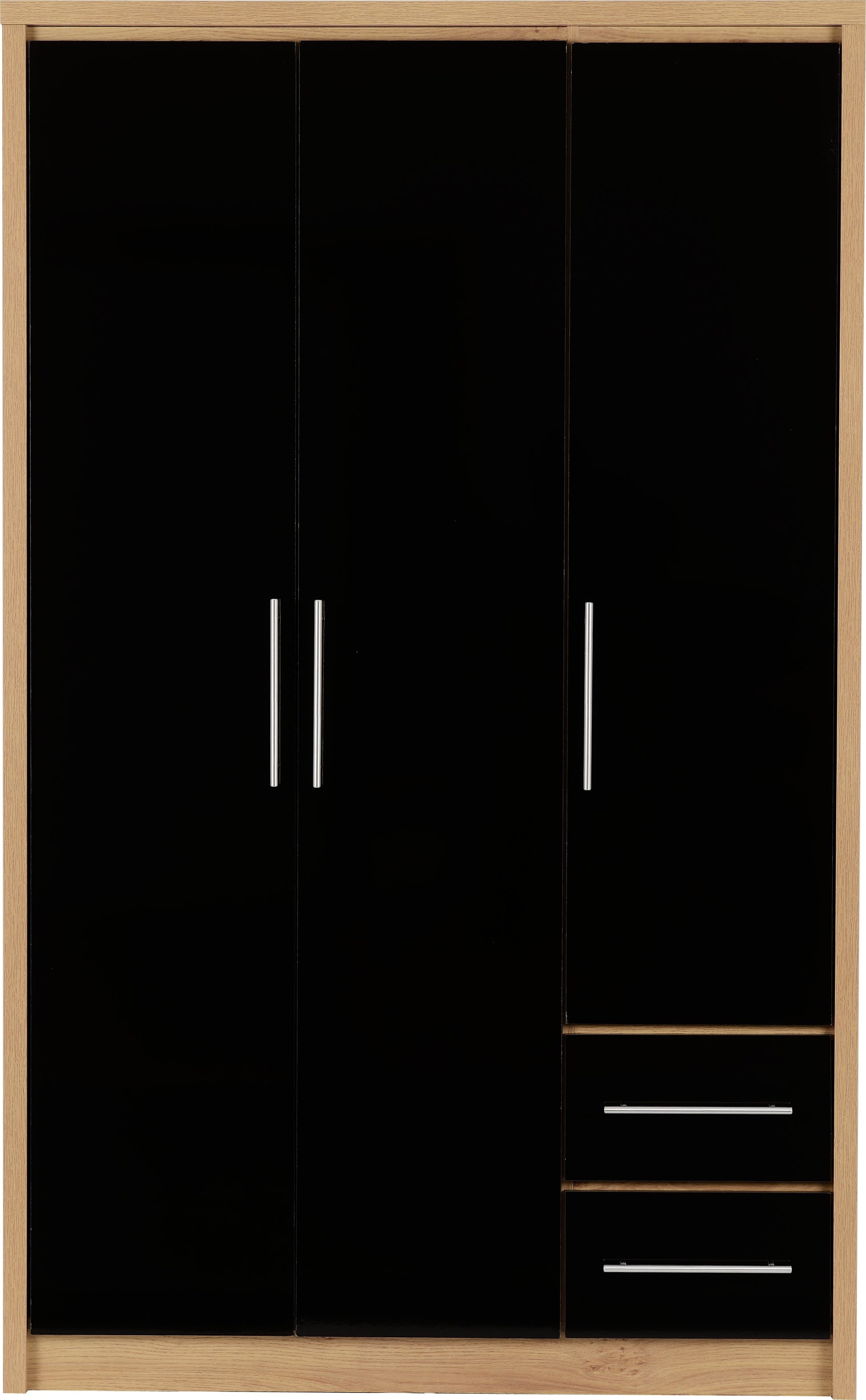 SEVILLE-3-DOOR-2-DRAWER-WARDROBE-BLACK-GLOSSLIGHT-OAK-EFFECT-VENEER-2019-01-100-101-067.jpgSeville 3 Door 2 Drawer Wardrobe - Black High Gloss/Light Oak Effect Veneer