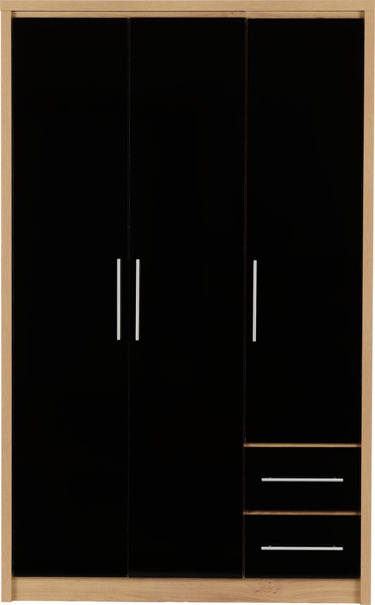 Seville 3 Door 2 Drawer Wardrobe - Black High Gloss/Light Oak Effect Veneer