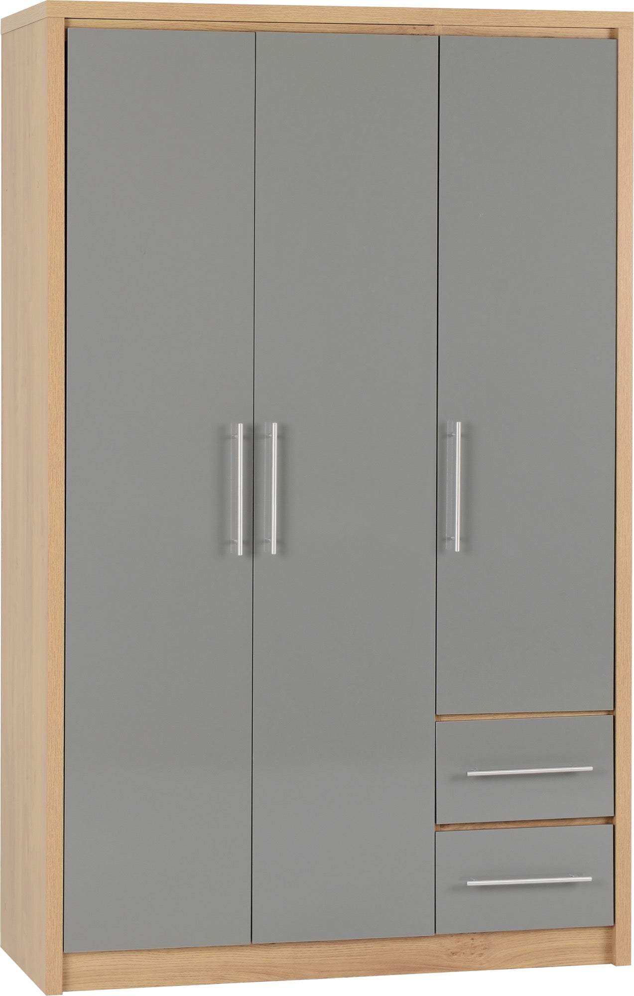 Seville 3 Door 2 Drawer Wardrobe - Grey High Gloss/Light Oak Effect Veneer