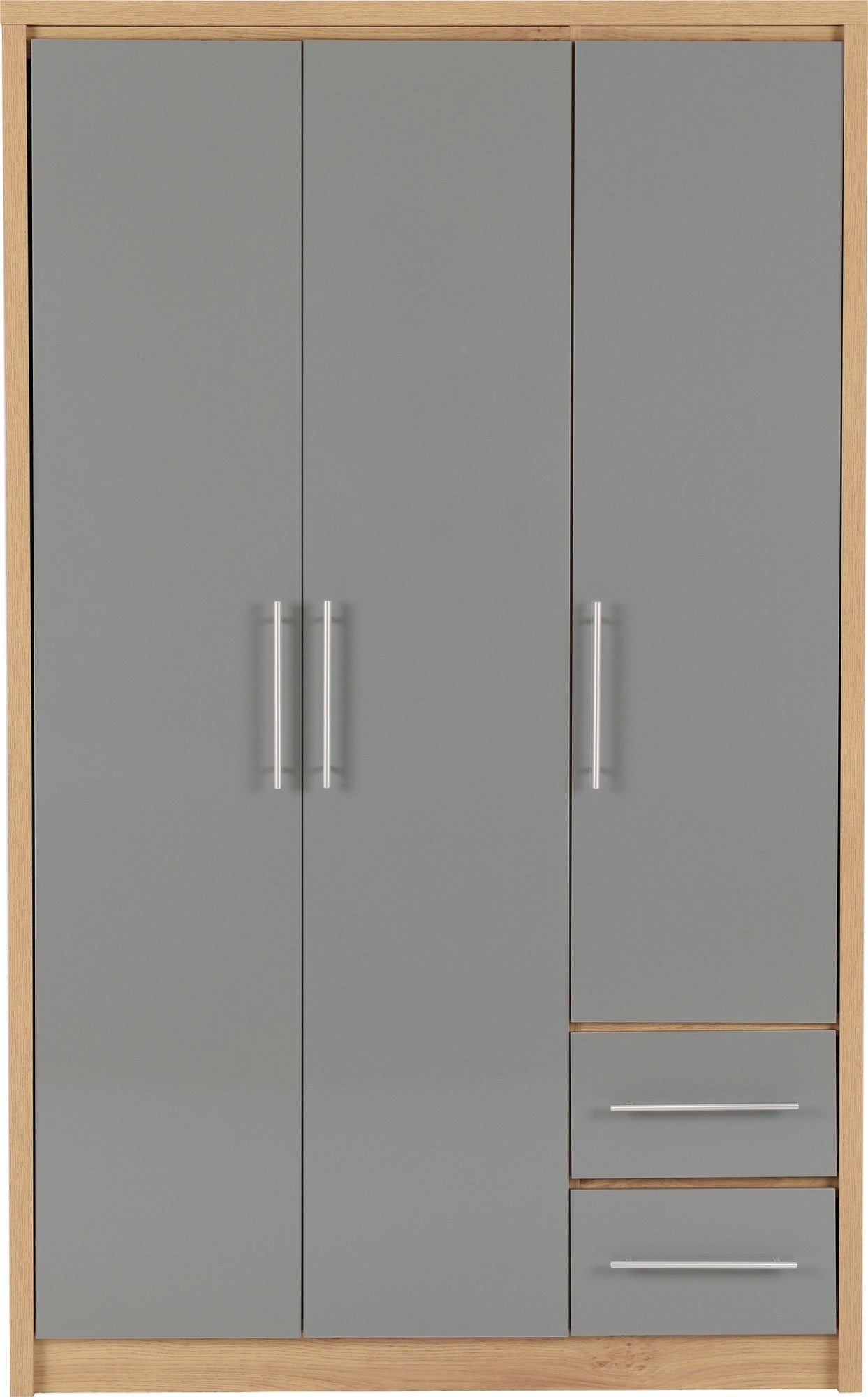 Seville 3 Door 2 Drawer Wardrobe - Grey High Gloss/Light Oak Effect Veneer