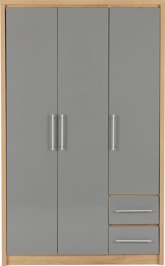 Seville 3 Door 2 Drawer Wardrobe - Grey High Gloss/Light Oak Effect Veneer