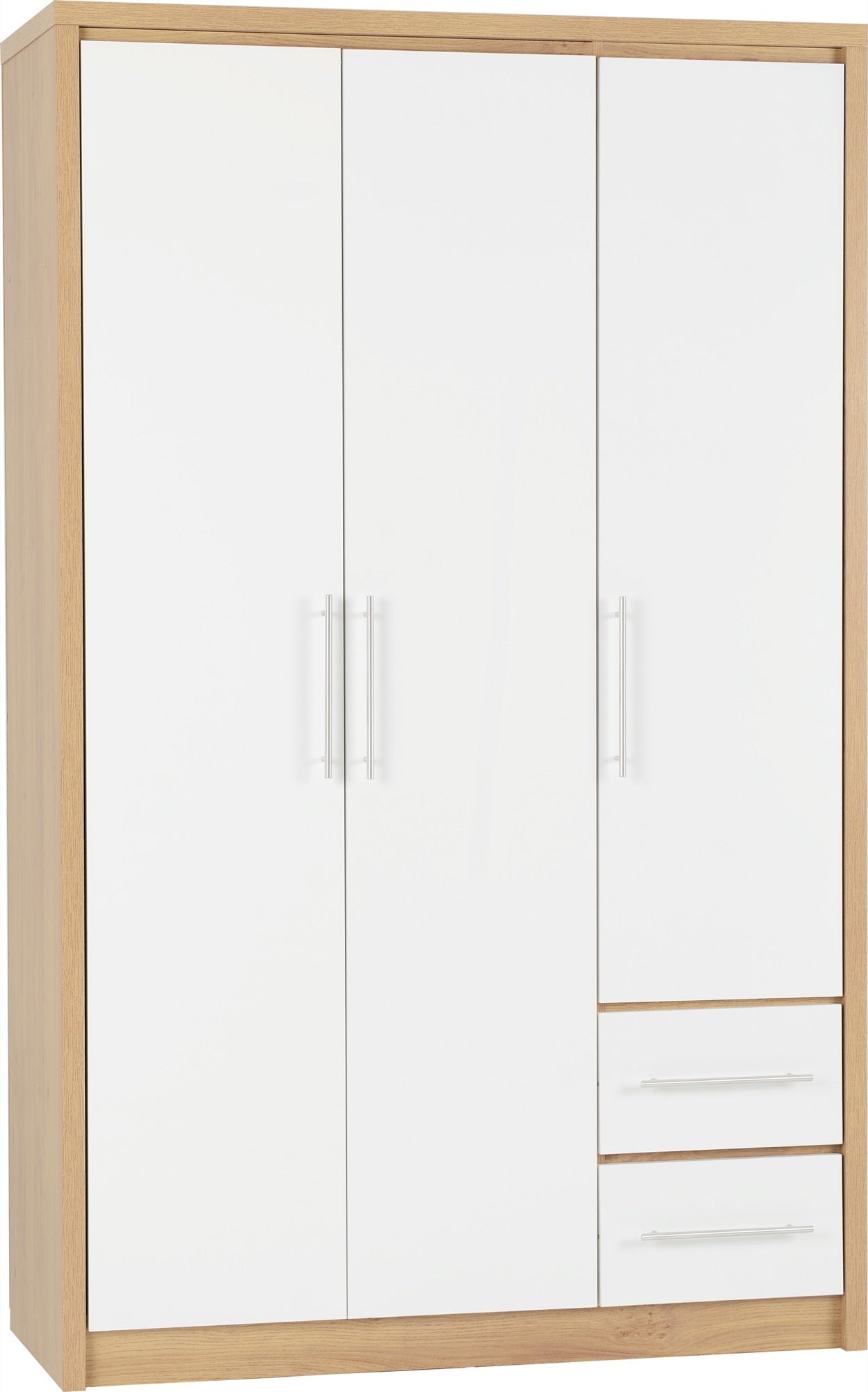 Seville 3 Door 2 Drawer Wardrobe - White High Gloss/Light Oak Effect Veneer