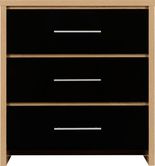 Seville 3 Drawer Chest - Black High Gloss/Light Oak Effect Veneer