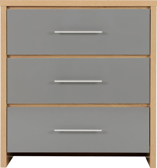 Seville 3 Drawer Chest - Grey High Gloss/Light Oak Effect Veneer