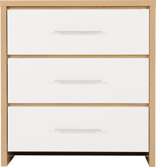 Seville 3 Drawer Chest - White High Gloss/Light Oak Effect Veneer