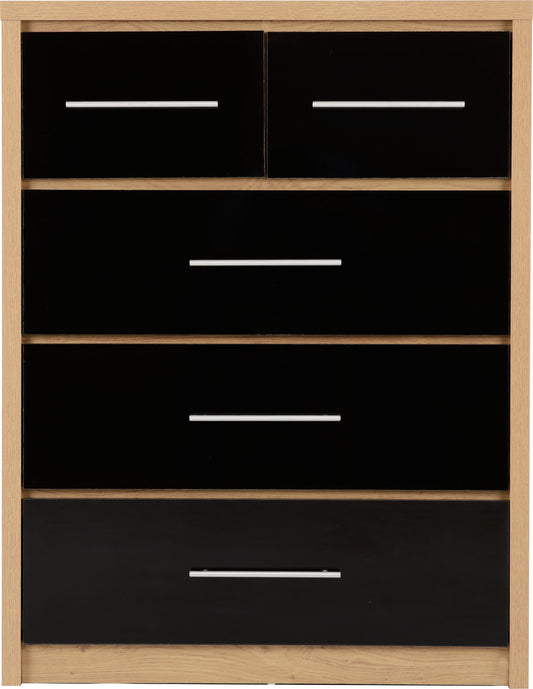 Seville 3+2 Drawer Chest - Black High Gloss/Light Oak Effect Veneer