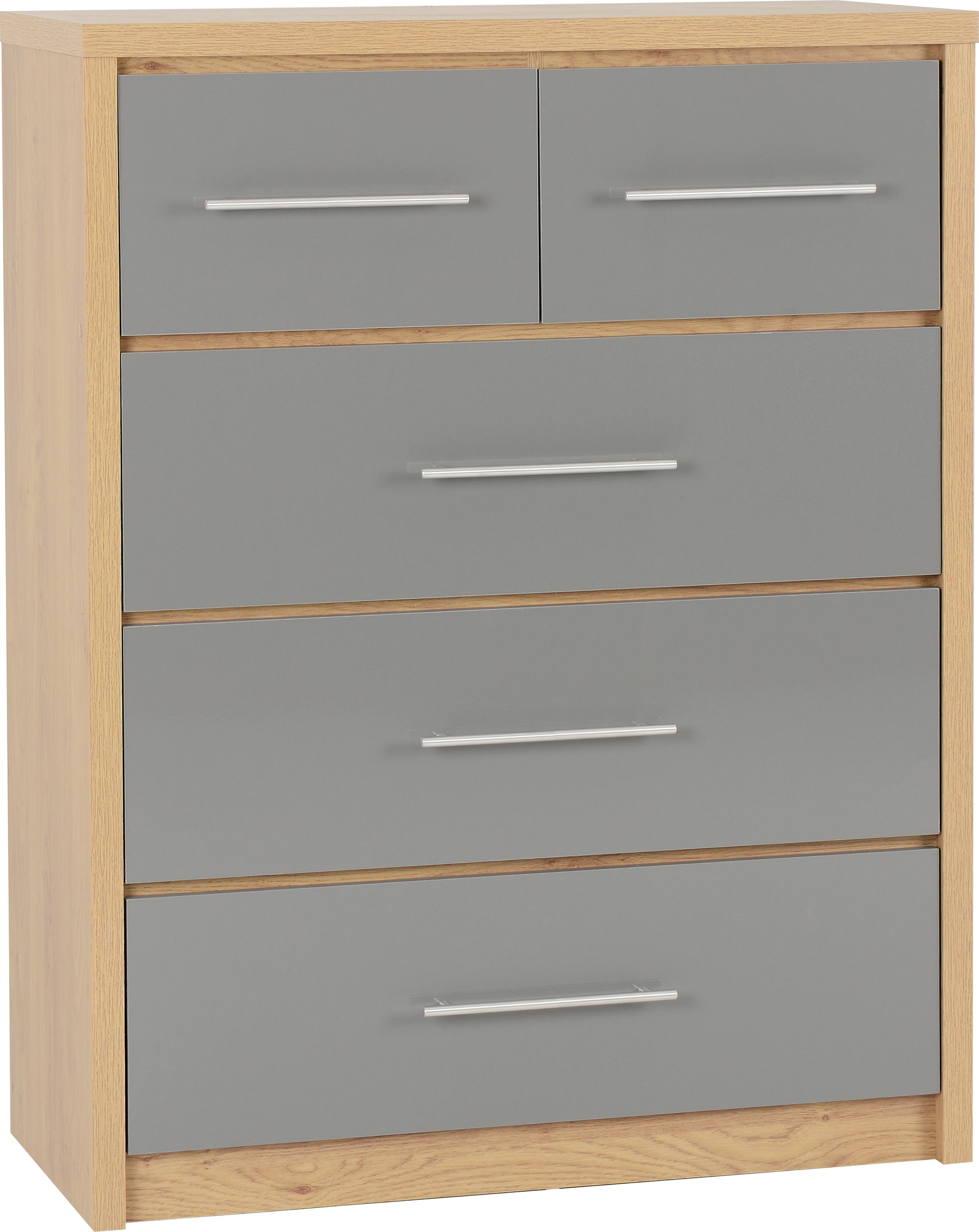 Seville 3+2 Drawer Chest -Grey High Gloss/Light Oak Effect Veneer