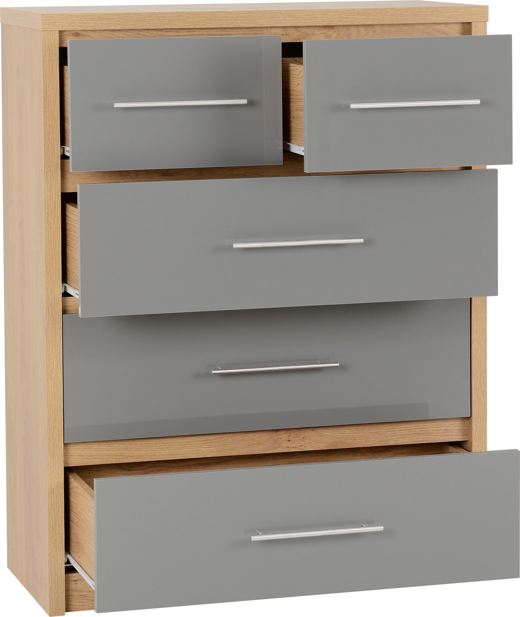 Seville 3+2 Drawer Chest -Grey High Gloss/Light Oak Effect Veneer