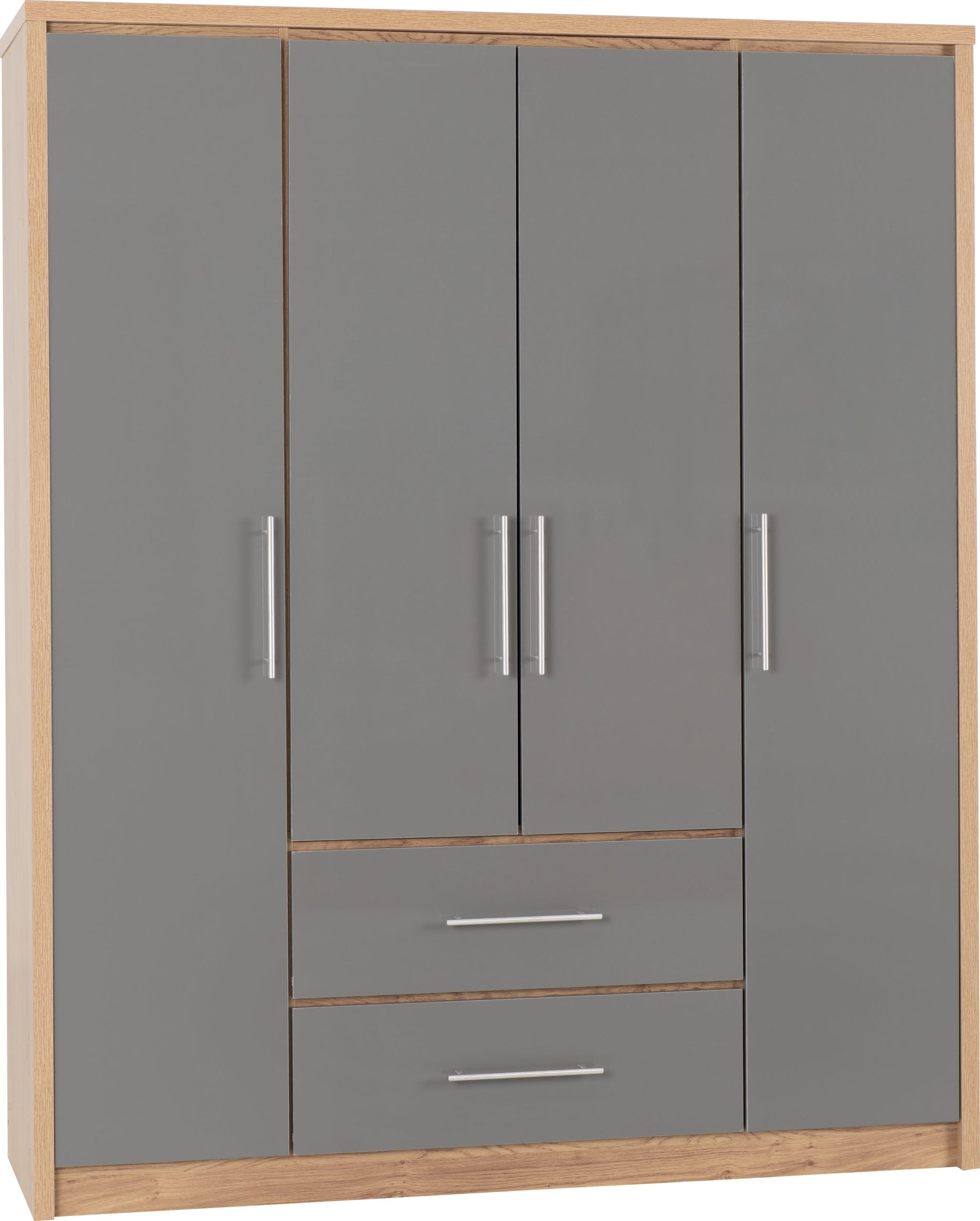 Seville 4 Door 2 Drawer Wardrobe - Grey High Gloss/Light Oak Effect Veneer