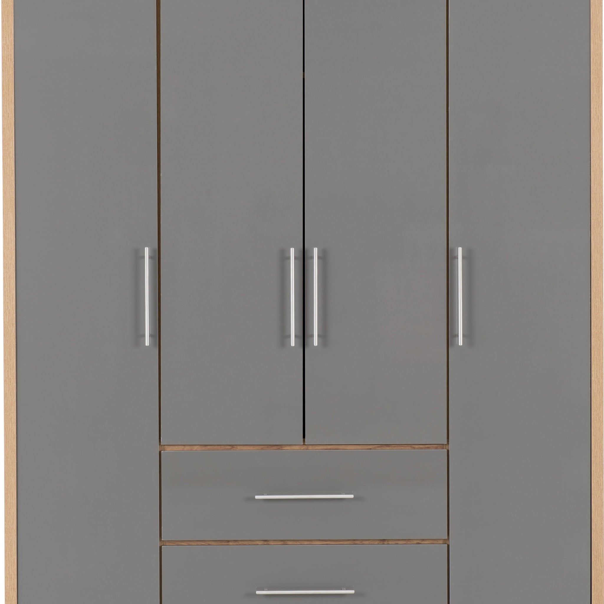 Seville 4 Door 2 Drawer Wardrobe - Grey High Gloss/Light Oak Effect Veneer