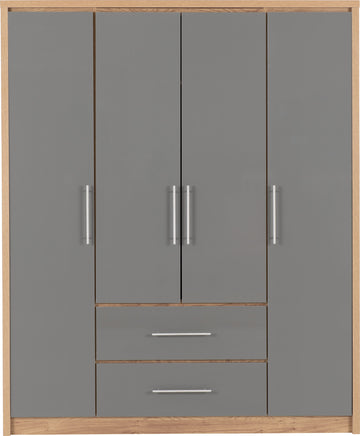 Seville 4 Door 2 Drawer Wardrobe - Grey High Gloss/Light Oak Effect Veneer