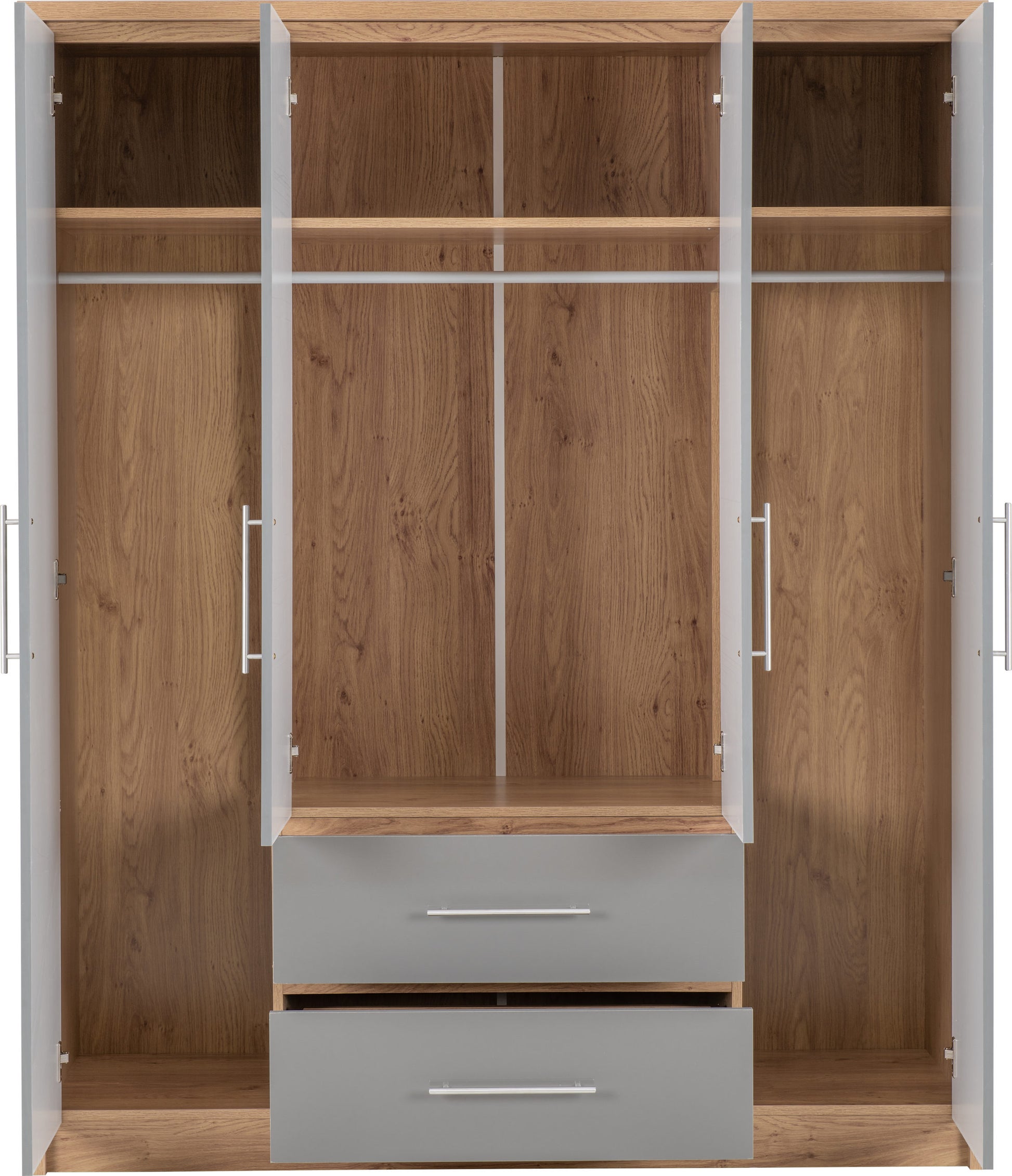 Seville 4 Door 2 Drawer Wardrobe - Grey High Gloss/Light Oak Effect Veneer