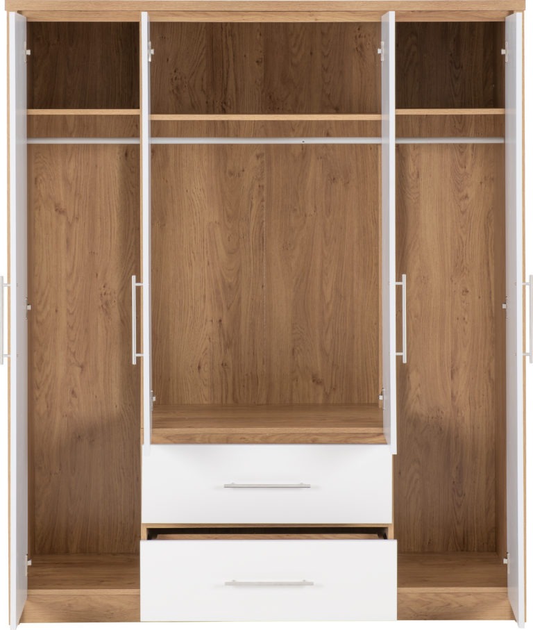 Seville 4 Door 2 Drawer Wardrobe - White High Gloss/Light Oak Effect Veneer