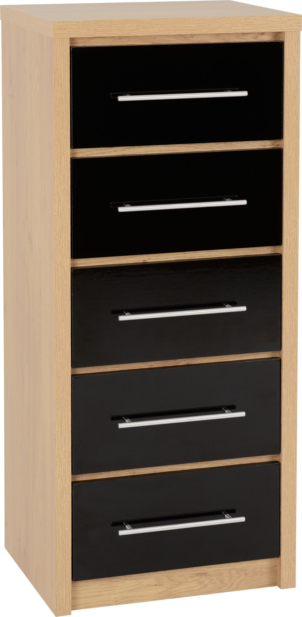 Seville 5 Drawer Narrow Chest - Black High Gloss/Light Oak Effect Veneer