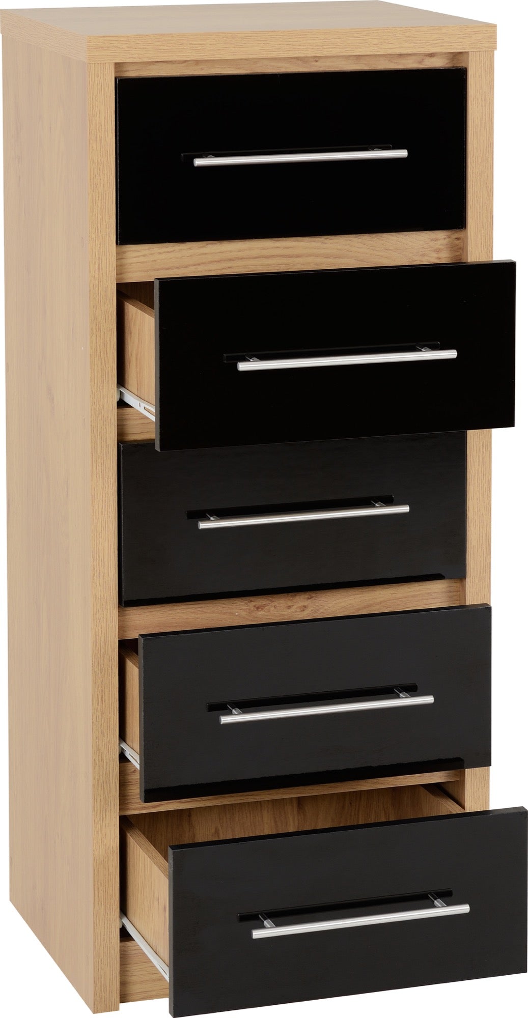 Seville 5 Drawer Narrow Chest - Black High Gloss/Light Oak Effect Veneer