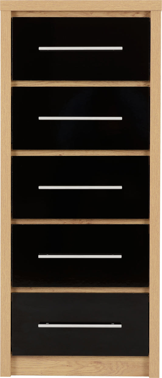 Seville 5 Drawer Narrow Chest - Black High Gloss/Light Oak Effect Veneer