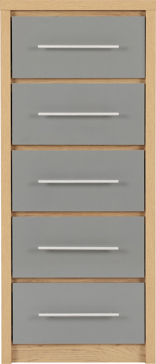 Seville 5 Drawer Narrow Chest - Grey High Gloss/Light Oak Effect Veneer