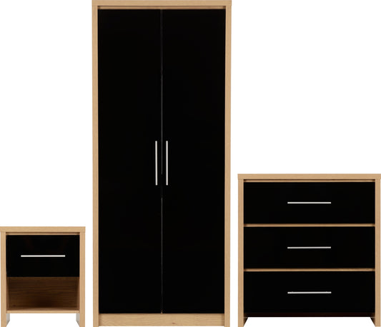 Seville Bedroom Set - Black High Gloss/Light Oak Effect Veneer