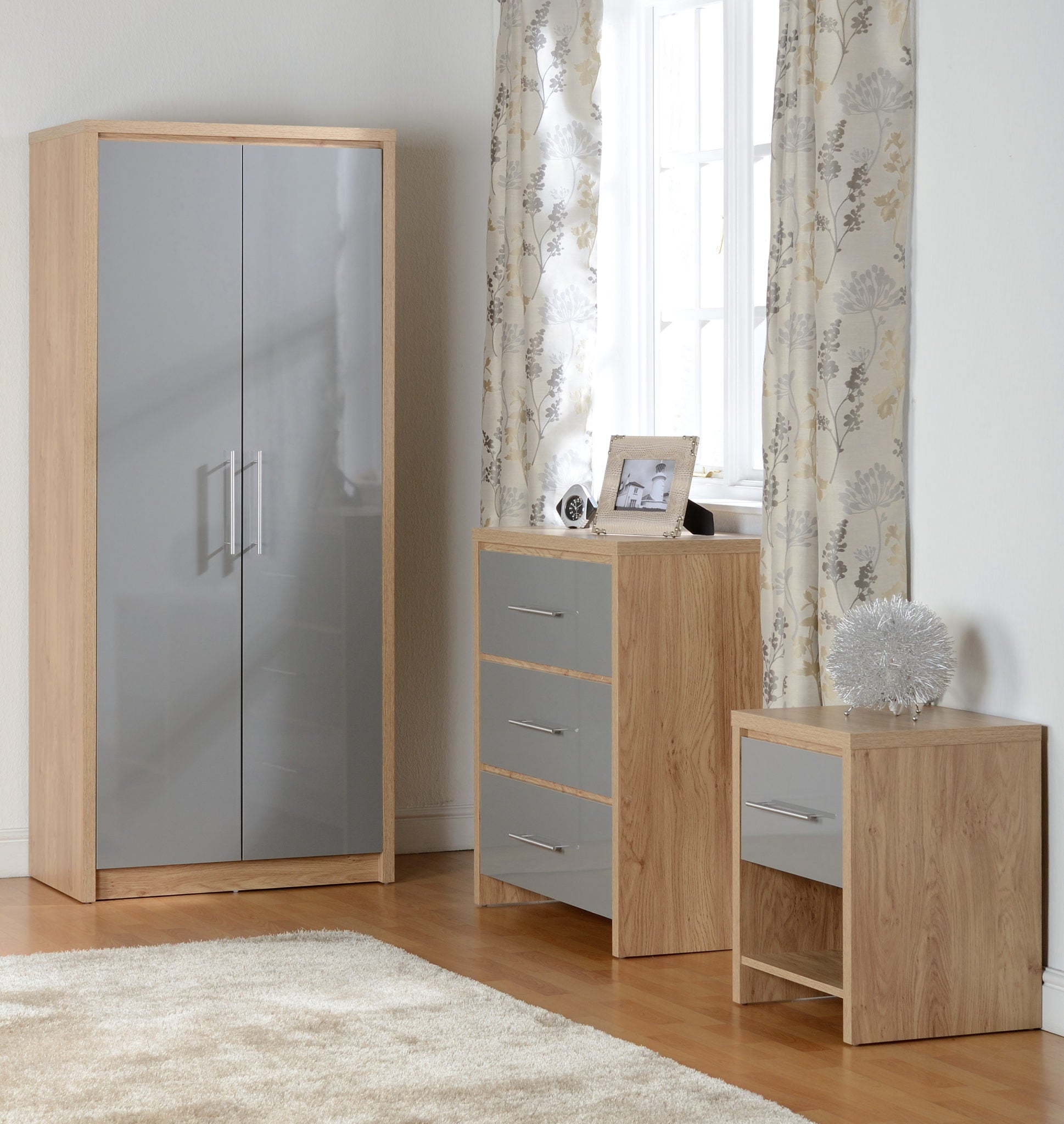 Seville Bedroom Furniture Set - Grey High Gloss/Light Oak Effect Veneer