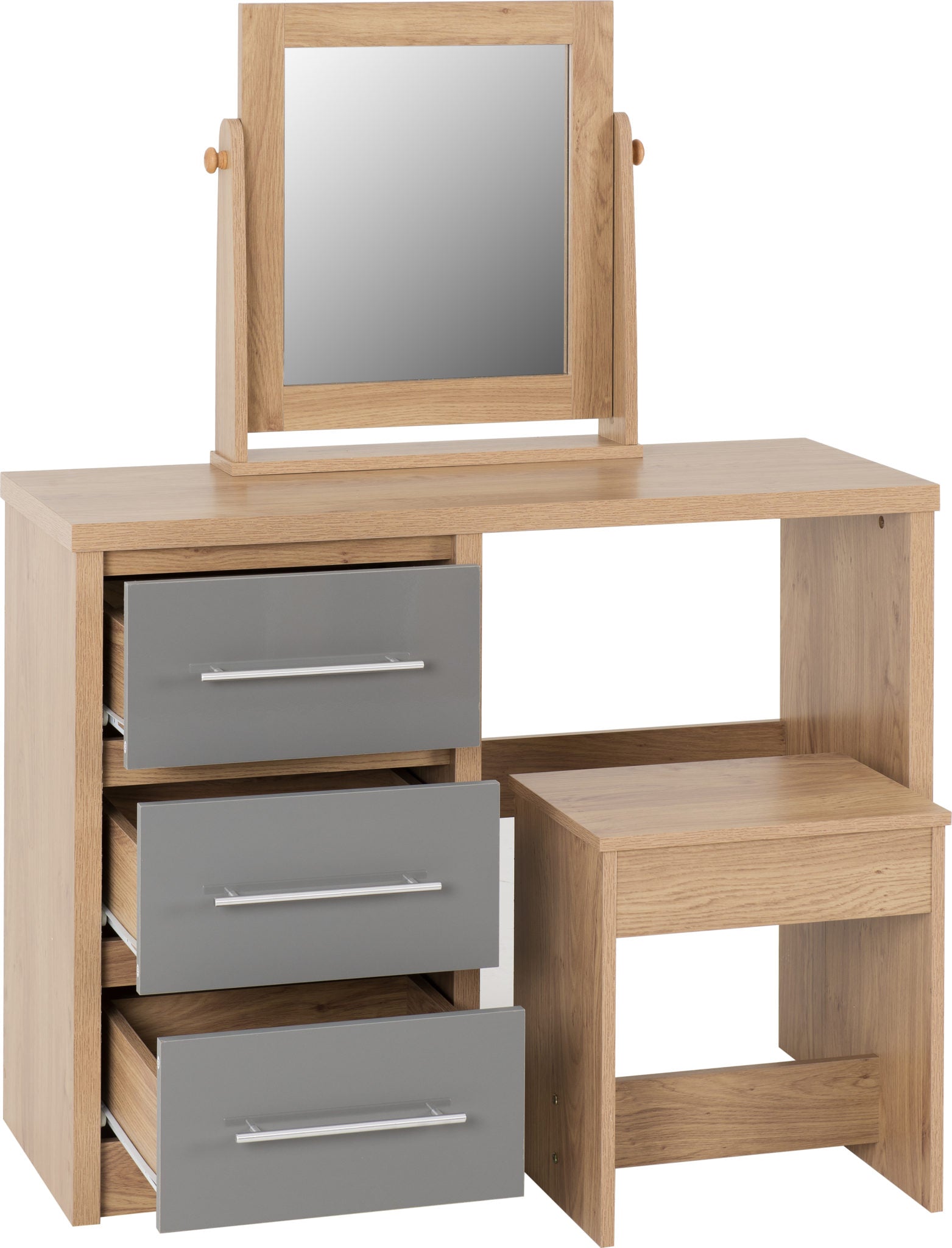 Seville 3 Drawer Dressing Table Set - Grey High Gloss/Light Oak Effect Veneer