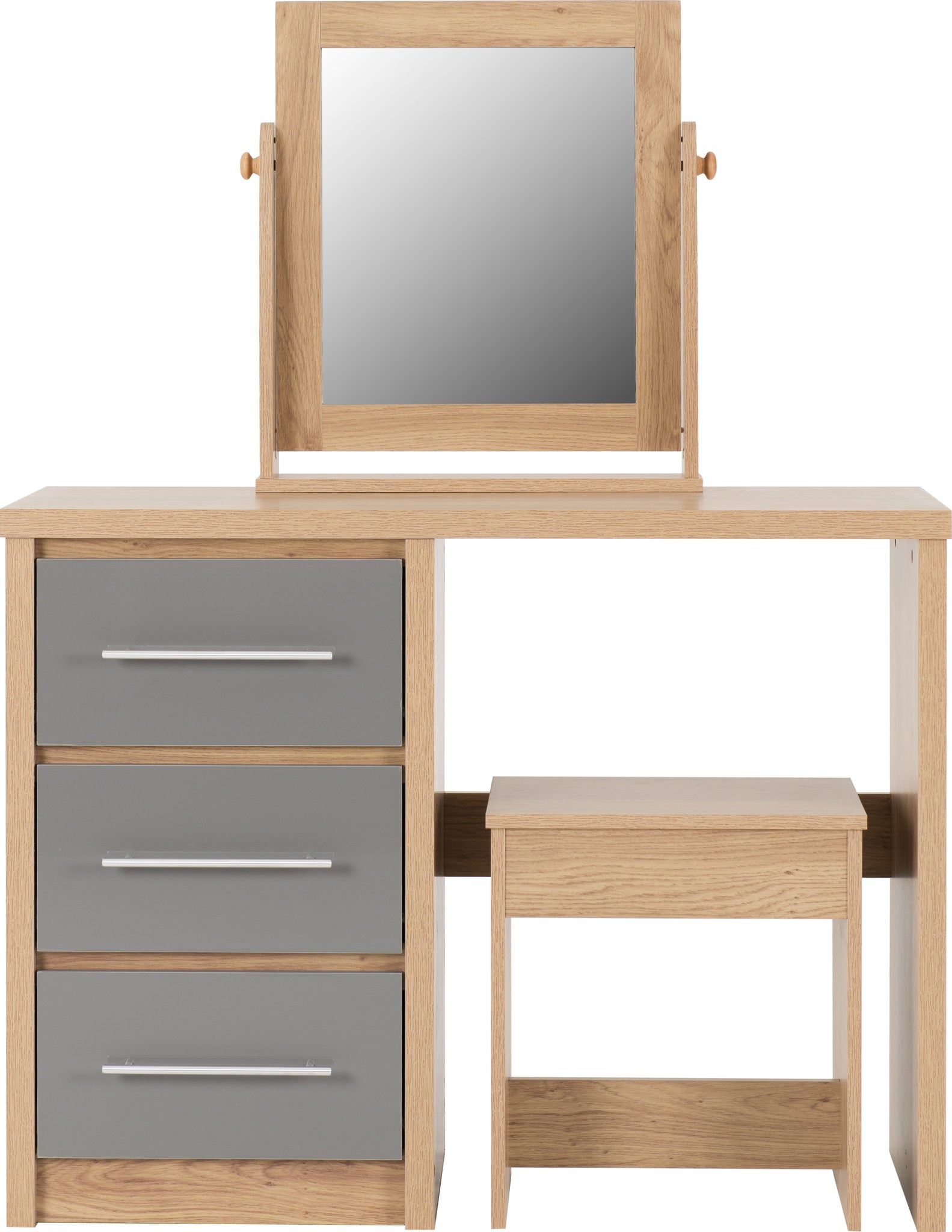 Seville 3 Drawer Dressing Table Set - Grey High Gloss/Light Oak Effect Veneer