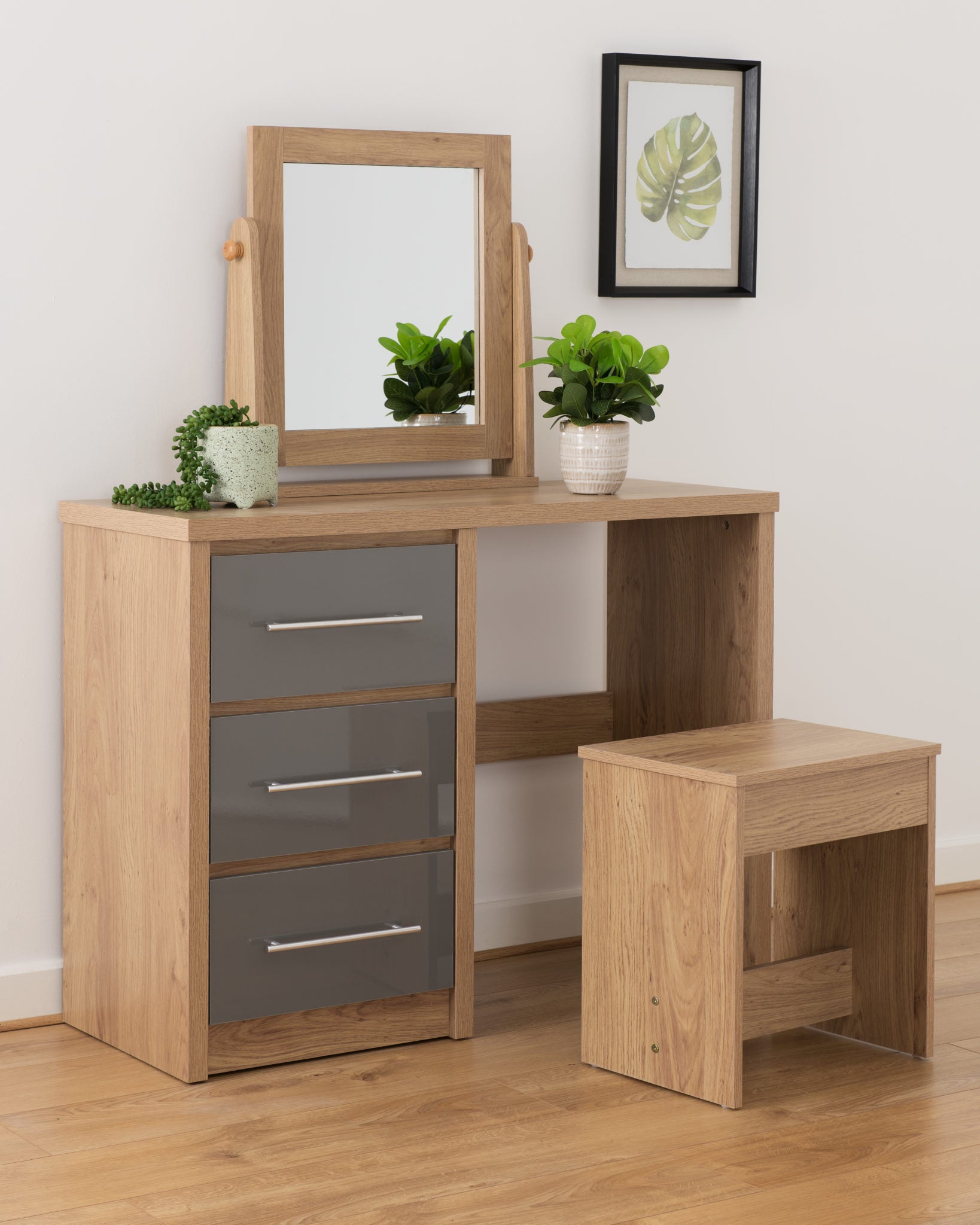 Seville 3 Drawer Dressing Table Set - Grey High Gloss/Light Oak Effect Veneer