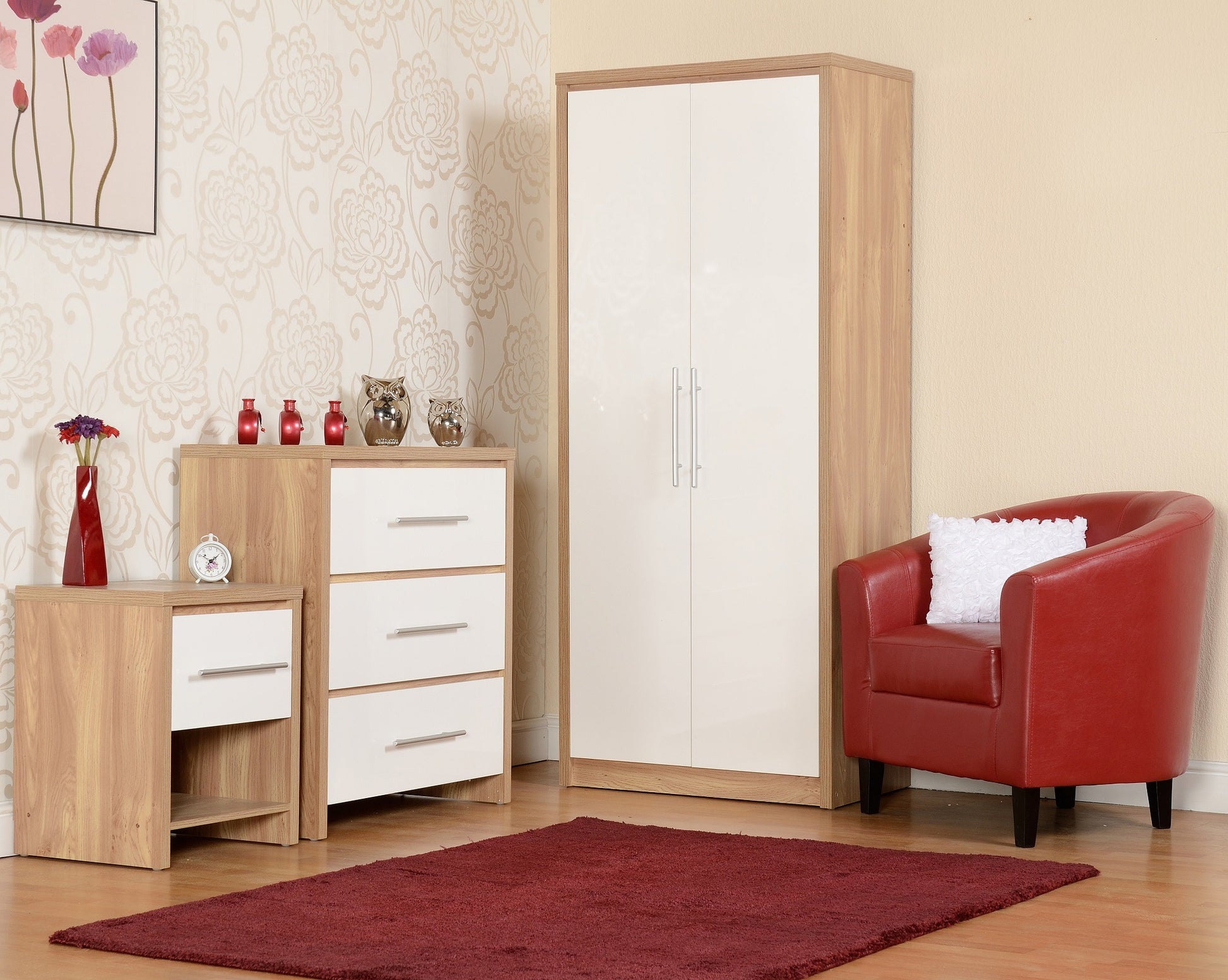 Seville Bedroom Furniture Set- White High Gloss/Light Oak Effect Veneer