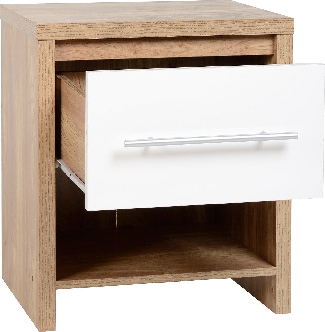 Seville 1 Drawer Bedside Cabinet - White High Gloss/Light Oak Effect Veneer